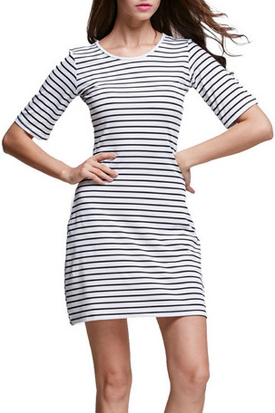 

Women's Round Neck Half Sleeve Striped Print Fashion T-Shirt Dress, White