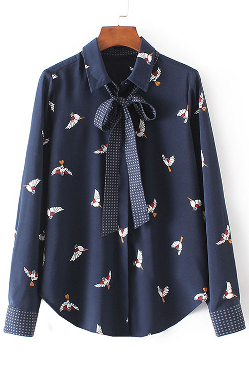 

Lapel Single Breasted Bird Printed Contrast Cuffs Button Down Shirt, Navy