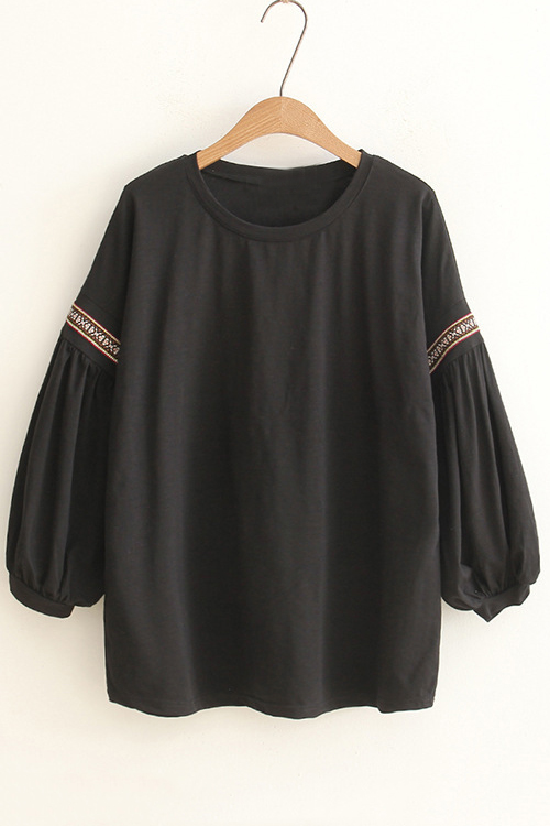 

Tribal Stylish Embroidery Pattern Lantern Long Sleeve Round Neck, Black