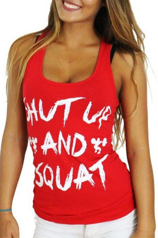 

Funny SHUT UP AND SQUAT Letter Printed Sleeveless Scoop Neck Tank, Red