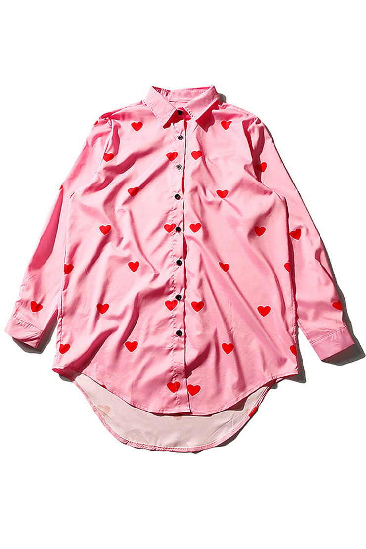 

Sweetheart Printed Lapel Collar Long Sleeve Buttons Down High Low Hem, Pink