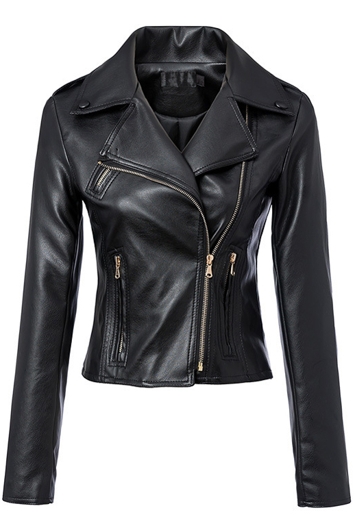 

Notched Lapel Long Sleeve PU Zipper Biker Jacket, Black