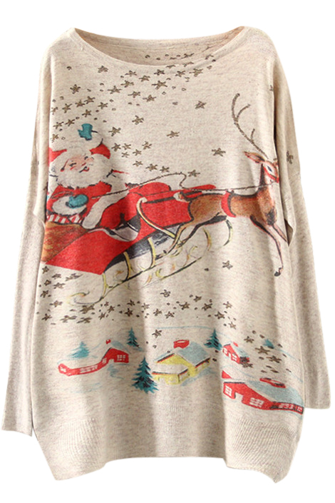 

Long Sleeve Santa Claus Print Scoop Neck Christmas Sweater, Beige