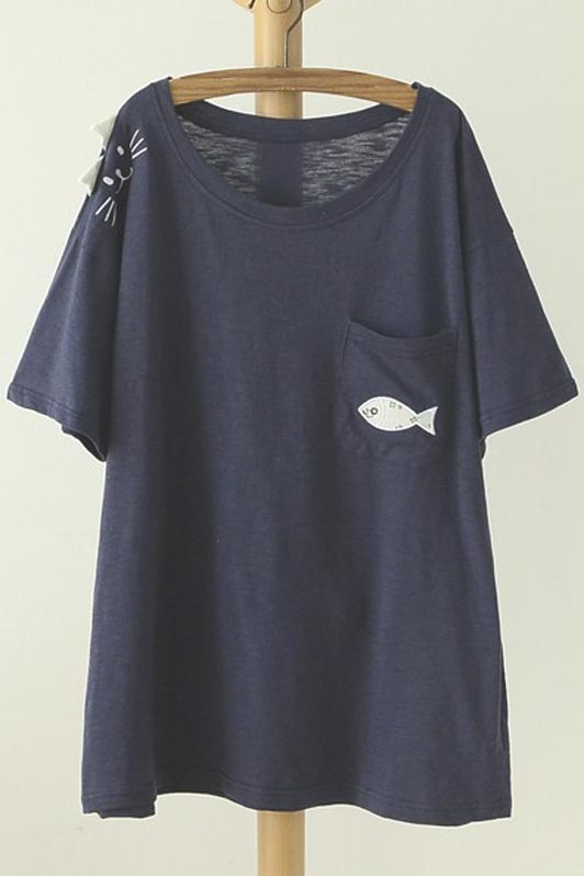 

Round Neck Short Sleeve Comfortable Style Graphic Cat&Fish Print, Dark navy