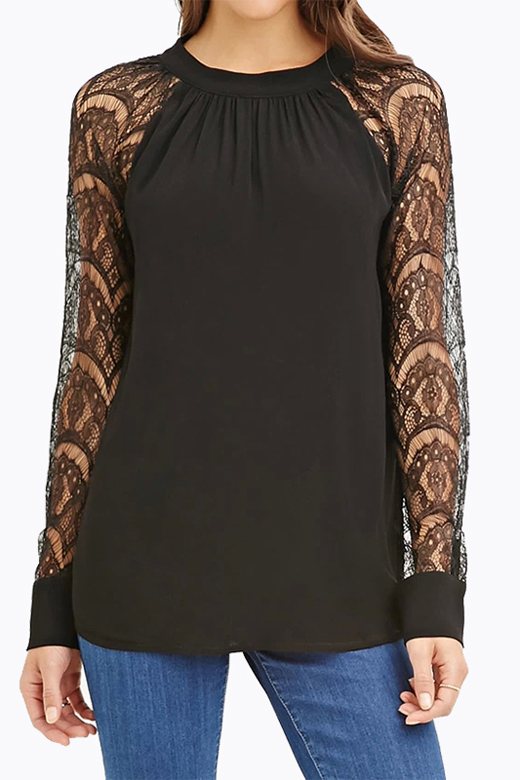 

Sexy Raglan Lace Long Sleeve Tied Cut Out V-Back Round Neck Blouse, Black