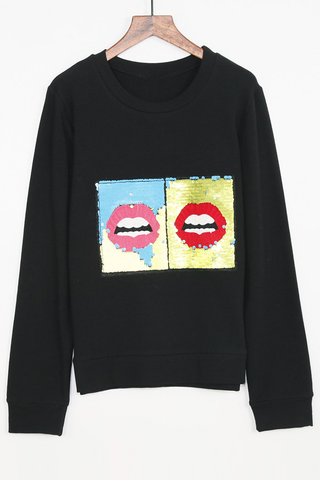 

Fashion Beaded Lip Printed Round Neck Long Sleeve Pullover Sweatshirt, Black