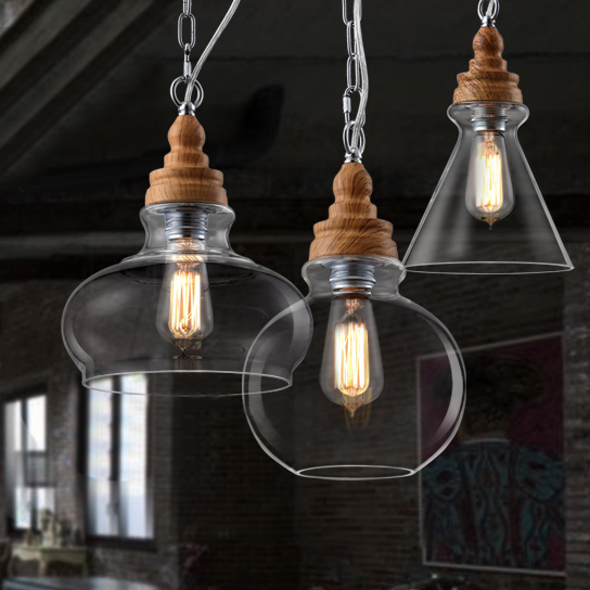 

Wood Socket Glass Shade Industrial Colored LOFT Chandelier Pendant