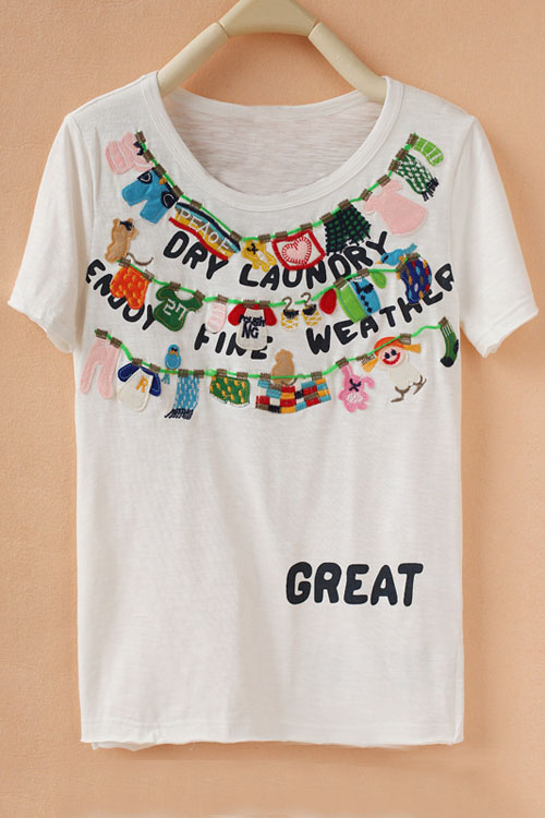 

Funny Cartoon Letter Printed Round Neck Short Sleeve Pullover T-Shirt, White