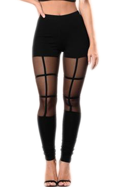 

Fashion Sheer Patchwork Plain Skinny Legging Pants, Black