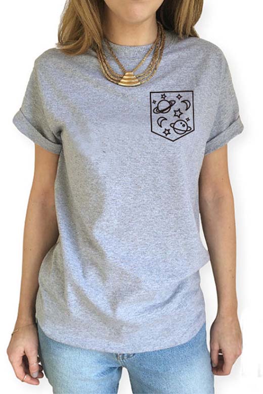 

Simple Loose Graphic Print Round neck Short Turn Up Sleeve Tee, Gray