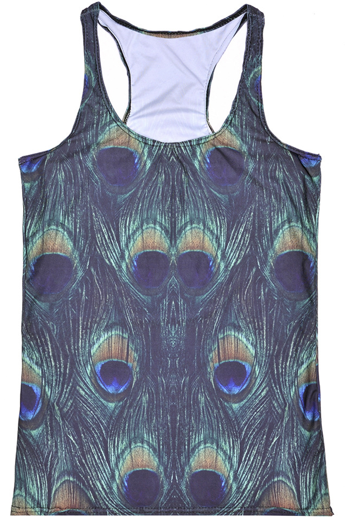 

Summer Sleeveless Peacock Feathers Print Women's Tanks Tops, Green