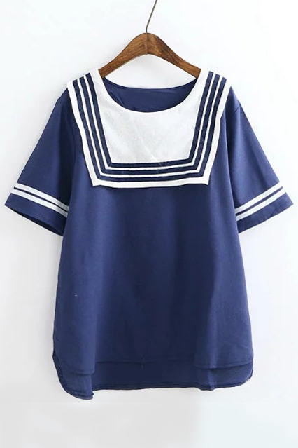 

Naval Stylish High Low Hem Striped Color Block Short Sleeve Tee, Navy