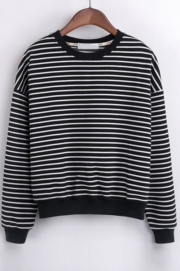 

New Stylish Striped Contrast Trim Dropped Long Sleeve Pullover, Black