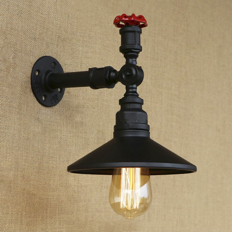 

Black Pipe Arm Single Light Industrial Sconce with Metal Shade