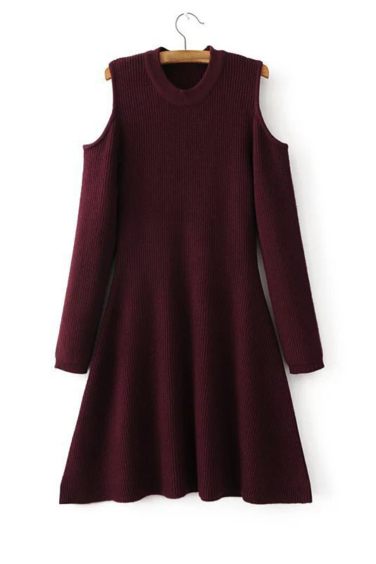 

Women's New Fashion Round Neck Long Sleeve Cold Shoulder Plain A-Line, Burgundy