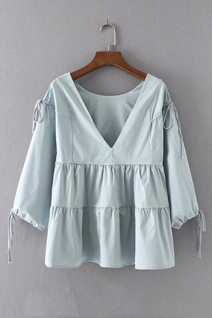 

Sexy V-Back Ruffle Layered Hem Drawstring Cuffs Plain Pullover Blouse, Green