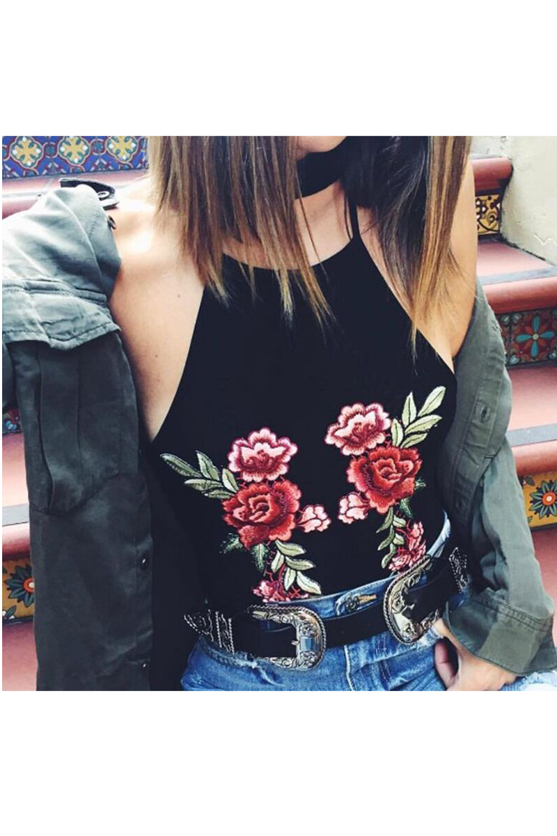 

New Fashion Floral Embroidered Halter Neck Open Back Cropped Cami Top, Black