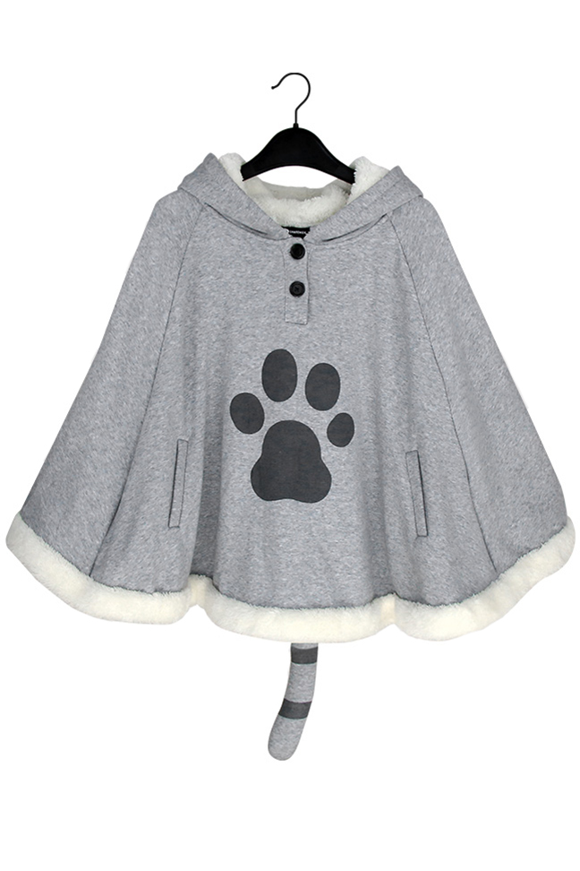 

Lovely Cat Footprint Pattern Winter's Warm Hooded Cape Coat, Gray