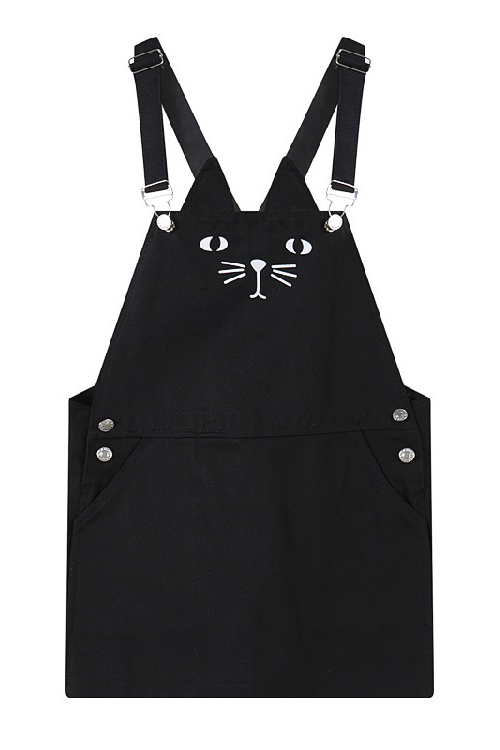 

Lovely Cartoon Cat Printed Buttons Design Mini Overall Dress with, Black