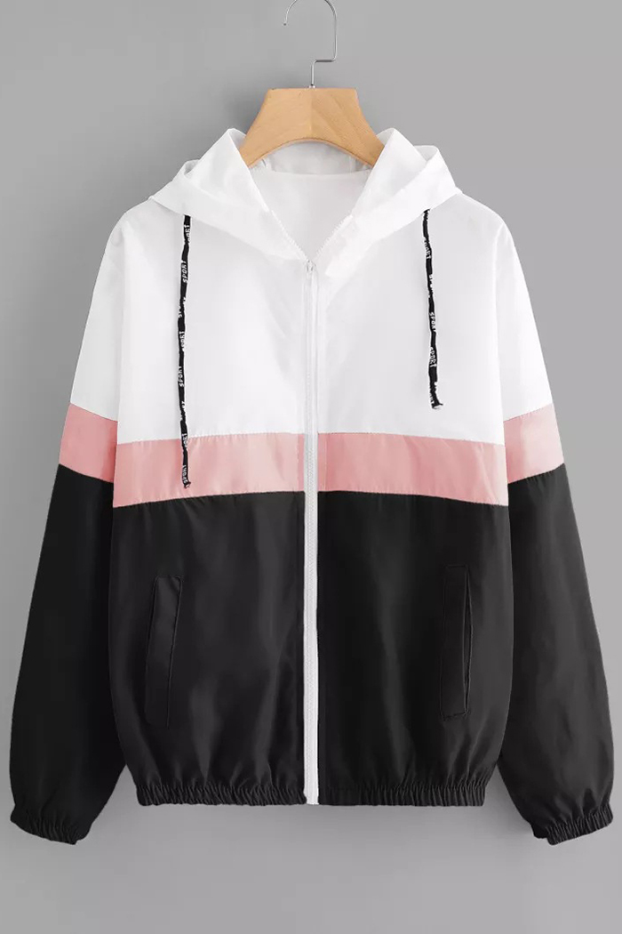 color block drawstring hooded zip up jacket