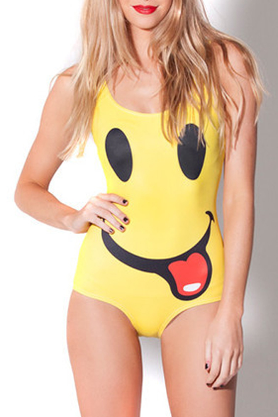 

Yellow Smile Face Print One Piece Swimsuit