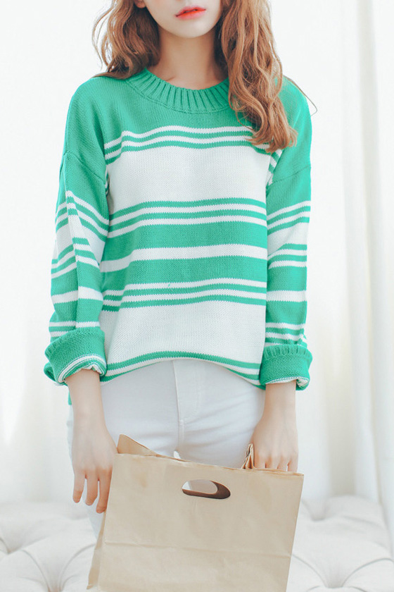 

Color Block Stripe Long Sleeve Round Neck Knit Pullover Sweater, White