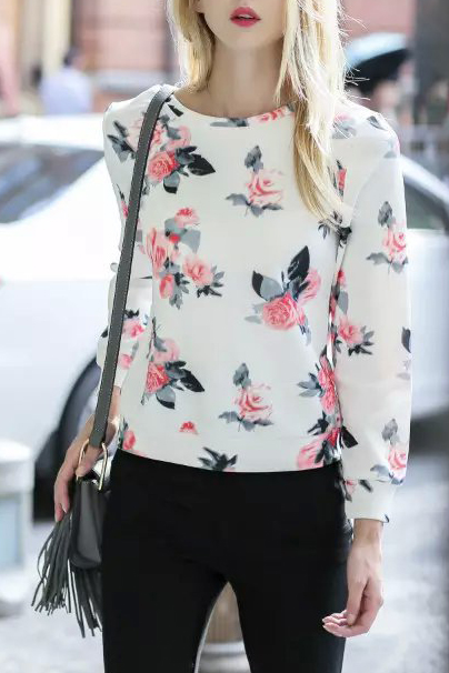 

Round Neck Long Sleeve Floral Pullover Sweatshirt, White