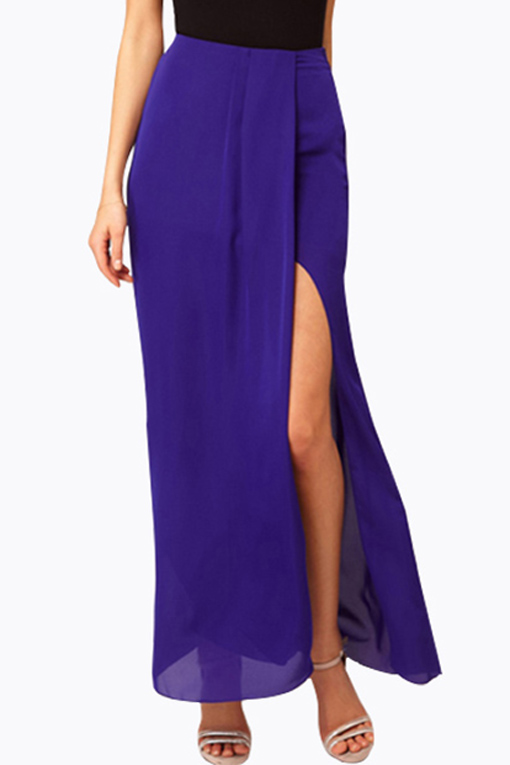 

Fashion Sexy Split Front Asymmetric Hem Plain Skirt, Blue