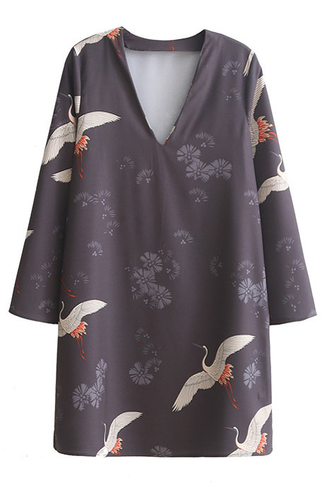 

Crane Printed V-Neck Long Sleeve Mini Shift Dress, Khaki