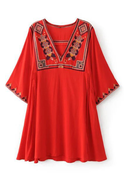 

V Neck Half Sleeve Tribal Embroidery Red Flared Mini A-Line Dress