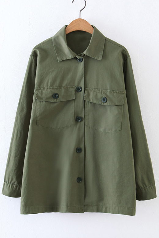 

Plain Lapel Collar Long Sleeve Single Breasted Shirt with Double, Green