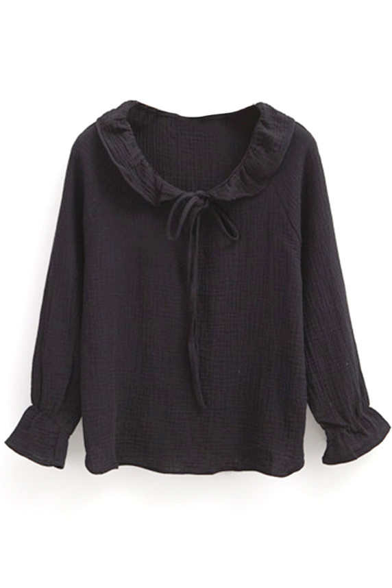 

Ruffle Neck Tie Neck Long Sleeve Elastic Wrist Blouse, Black