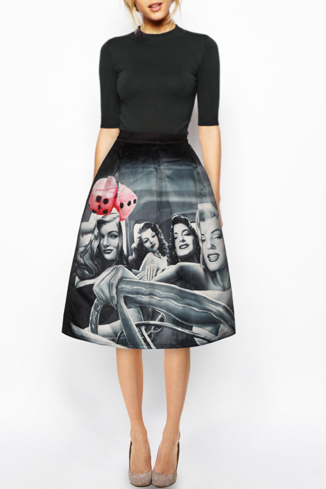 

Black High Waist A-Line Beautiful Girls Print Skirt