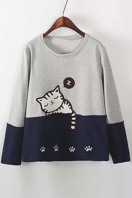 

Cute Sleeping Cat Print Loose Fit Sweatshirt, Gray