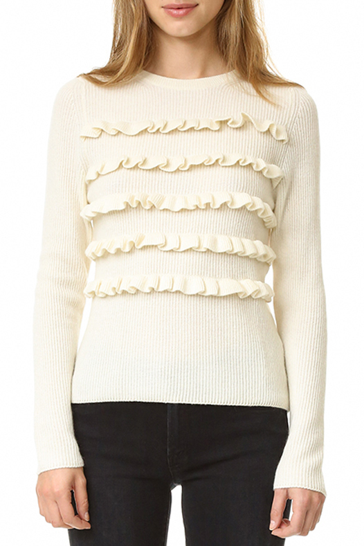 

Chic Slim Ruffle Front Long Sleeve Round Neck Plain Sweater, White
