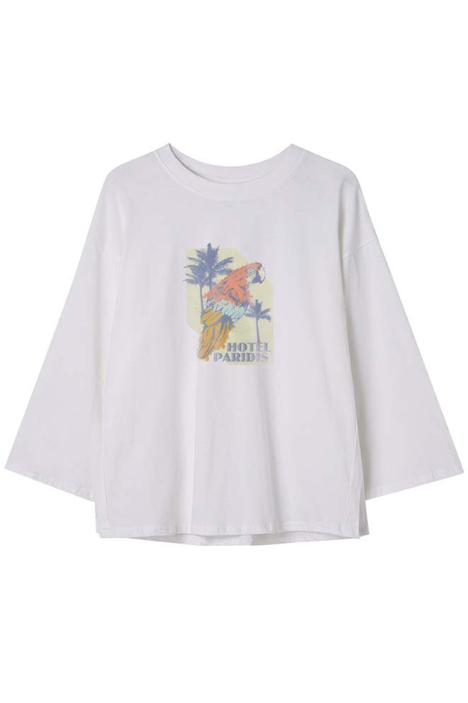 

Cartoon Parrot Printed Split Bell 3/4 Length Sleeve Round Neck T-Shirt, White