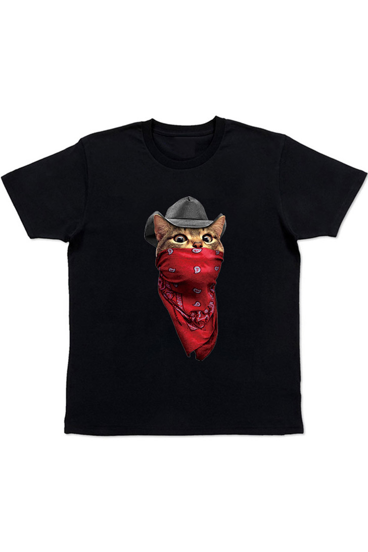 

New Arrival Cool Hat Cat Printed Round Neck Short Sleeve Retro Cotton, Black