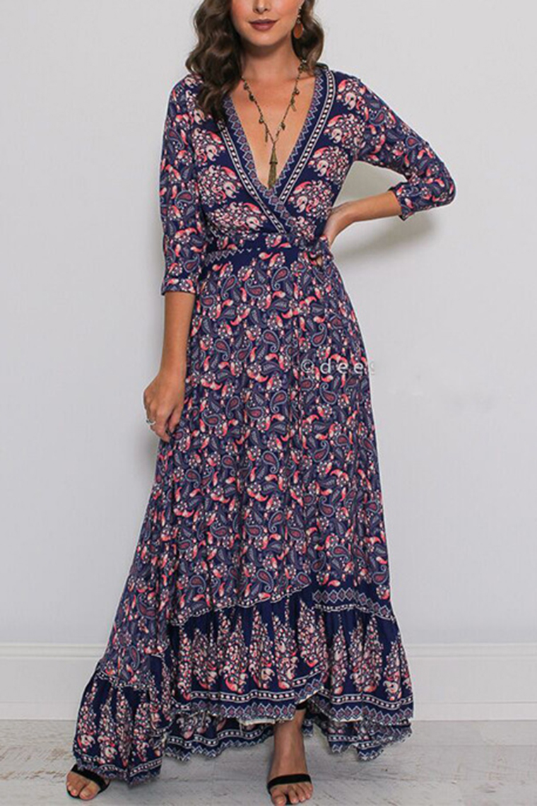 sexy v neck floral printed side split vacation maxi dress