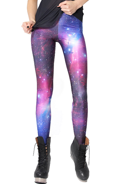 

Beautiful Starry Sky Print Elastic Waist Fashion Leggings, Purple