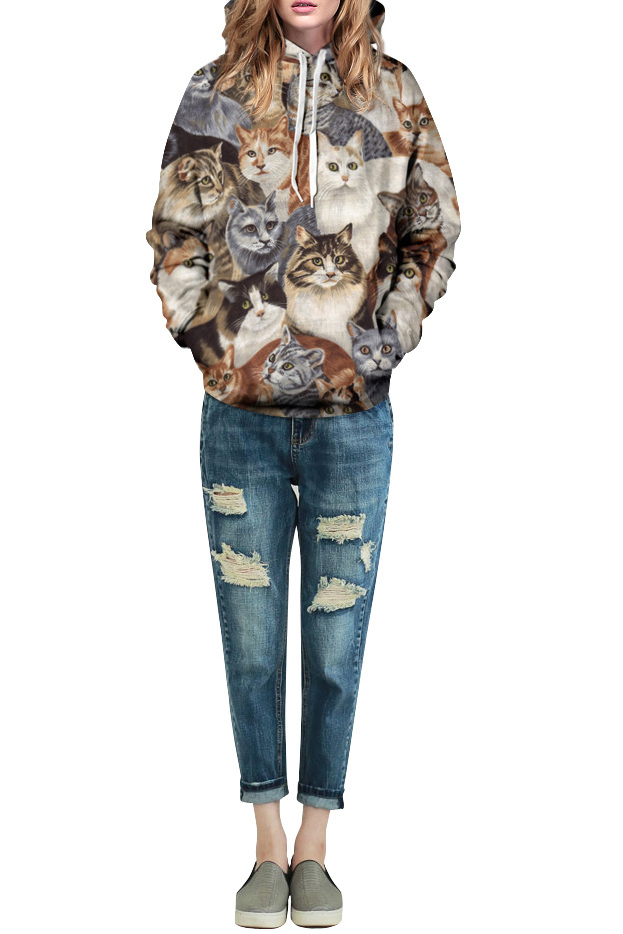 

Cat Print Long Sleeve Laid Back Hoodie, Brown