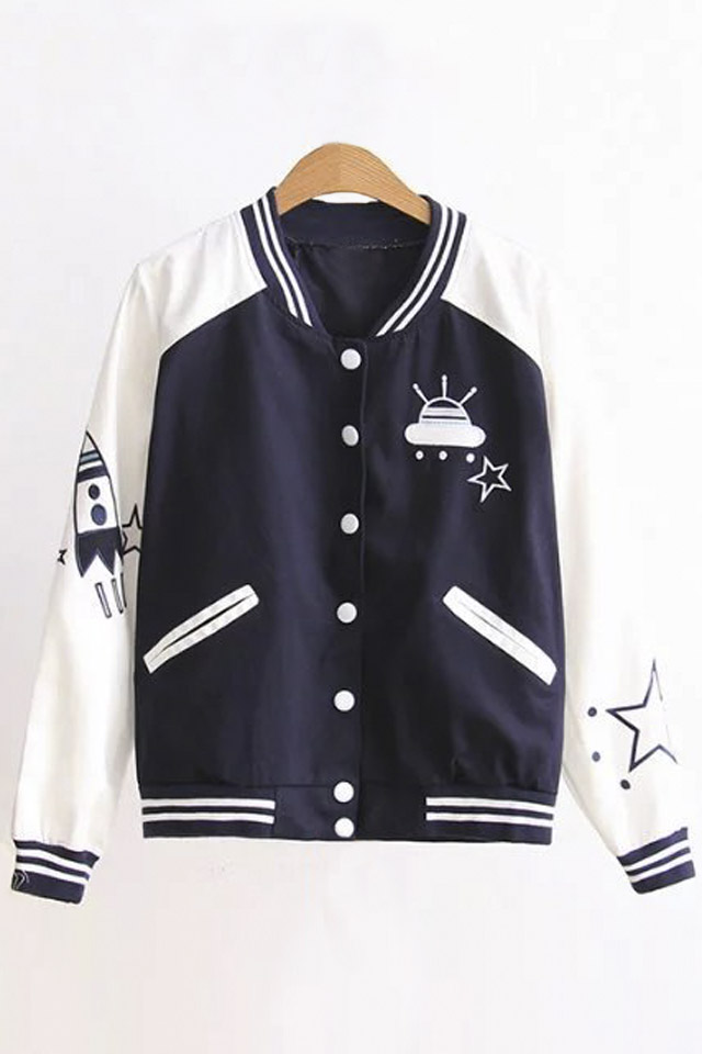 

New Arrival Contrast Trim Color Block Printed Baseball Jacket, Dark navy