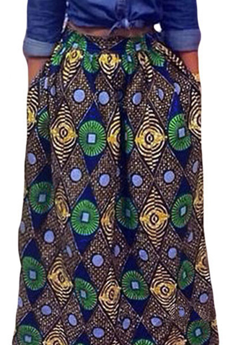 

Women's African Print High Waist A-Line Pleated Maxi Skirt, Green