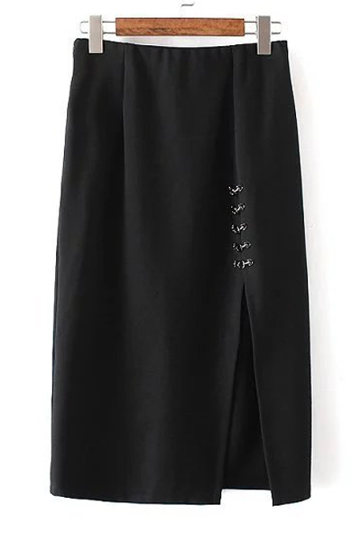 

Elastic Waist Metal Button Split Front Plain Midi Pencil Skirt, Black