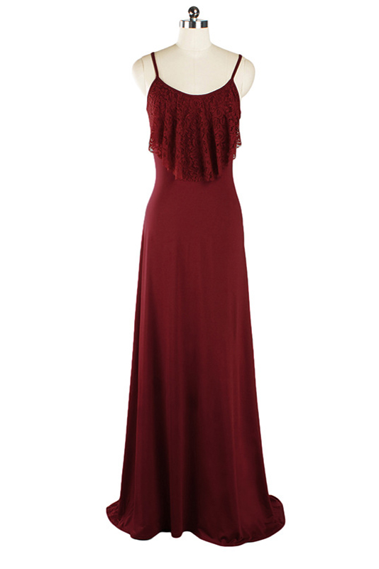 

New Fashion Spaghetti Straps Sleeveless Lace Patched Front A-Line Maxi, Burgundy