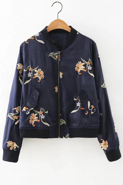 

Embroidery Floral Zipper Placket Stand-Up Collar Bomber Jacket with, Blue