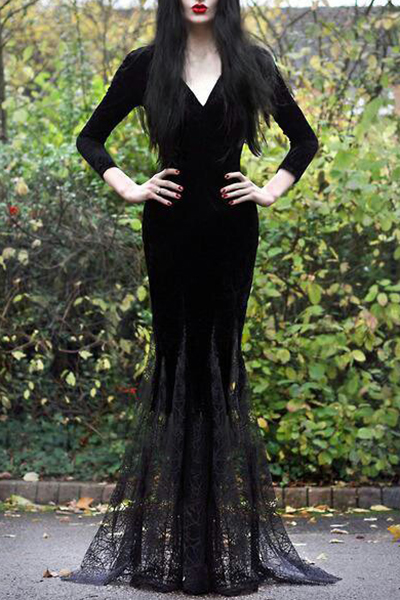 black lace long sleeve dress floor length