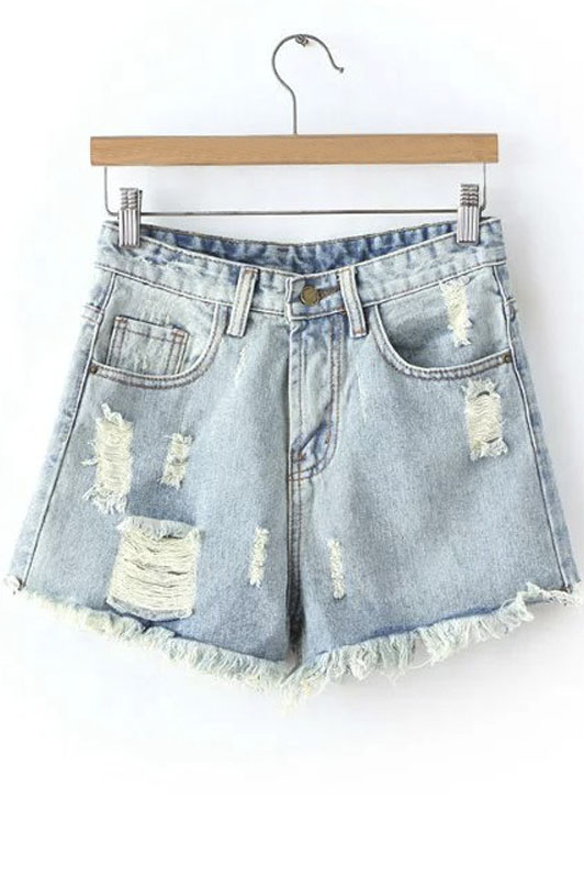 

Mid Rise Raw Selvedge Light Wash Denim Shorts, Light blue