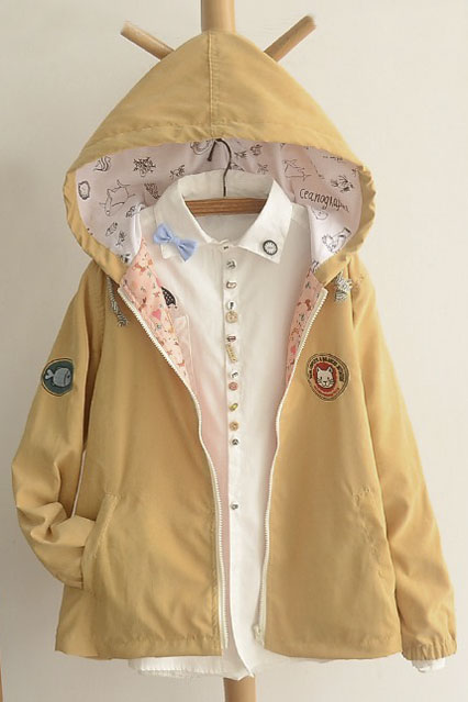 

Chic Long Sleeves Cratoon Embroidery Zipper Fly Hoodies Coats, Yellow