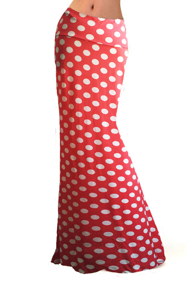 

Women's Red Contrast White Polka Dot Printed Package Hip Cute Maxi