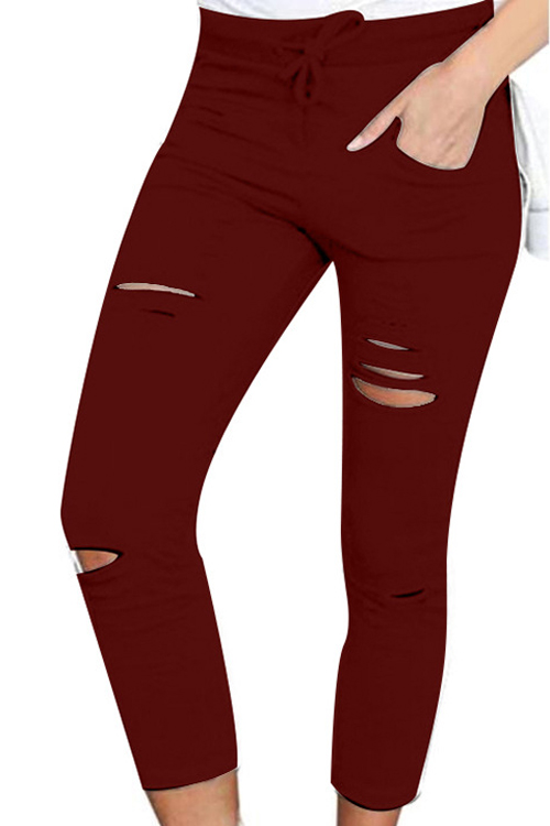 

Women's Solid Stretch Drawstring Casual Skinny Pants, Burgundy